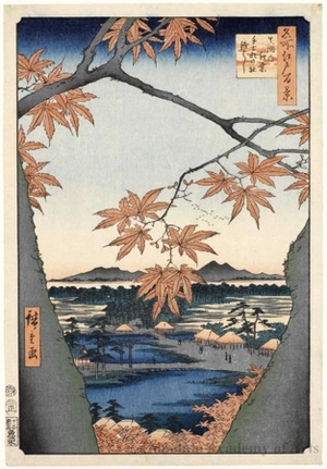 歌川広重: Maple Trees at Mama, Tekona Shrine and Linked Bridge - ホノルル美術館