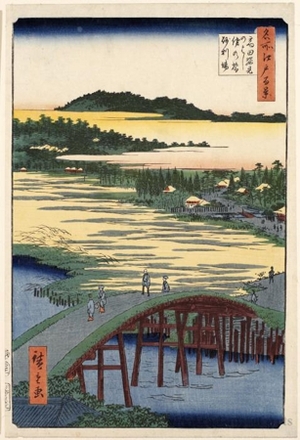 歌川広重: Sugatami Bridge, Omokage Bridge, and Jariba at Takata - ホノルル美術館