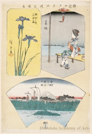 歌川広重: Takanawa, Three-pronged River and Parting Depths at Nakasu, Irises at Horikiri Village - ホノルル美術館