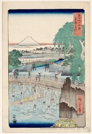 日本版画 "Ichikoku Bridge in the Eastern Capital" 由 Utagawa Hiroshige, 歌川広重 (Utagawa Hiroshige) 创作