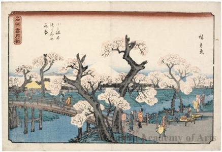 歌川広重: Cherry Trees in Full Bloom on the Koganei Embankment - ホノルル美術館