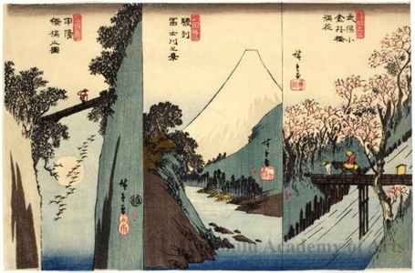 Utagawa Hiroshige: Cherry Blossoms at Koganeibashi Bridge, Mount Fuji in Suruga Province and Monkey Bridge in Kai Province - Honolulu Museum of Art