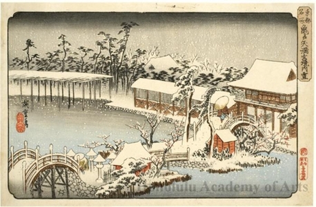 歌川広重: View of Kameido Tenmangü Shrine in Snow - ホノルル美術館