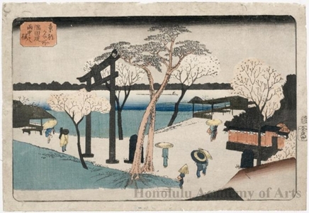 Japanese Print "Cherry Blossoms in Rain on the Sumida Riverbank" by Utagawa Hiroshige, 歌川広重 (Utagawa Hiroshige)