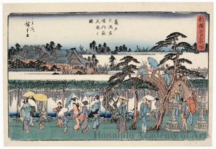 Utagawa Hiroshige: Flowering Wisteria on the Grounds of Kameido Tenmangü Shrine - Honolulu Museum of Art