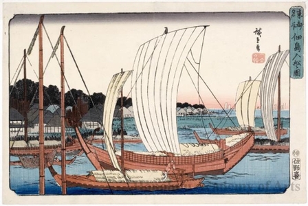 歌川広重: Entering Boats at Tsukuda Island - ホノルル美術館