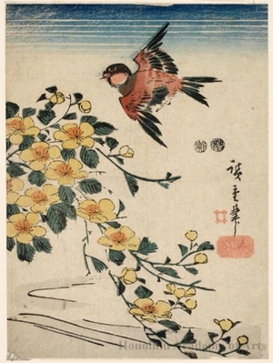 Utagawa Hiroshige: Sparrow and Japanese Roses (Descriptive Title) - Honolulu Museum of Art