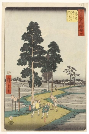 Utagawa Hiroshige: Yaji Mistakes Kitahachi for a Fox and Beats Him on the Nawate Road near Akasaka (station #37) - Honolulu Museum of Art
