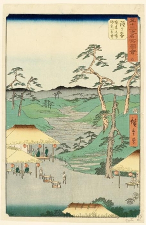 Utagawa Hiroshige: Distant View of the Kamakura Mountains from the Rest House by the Boundary Tree at Hodogaya (Station #5) - Honolulu Museum of Art