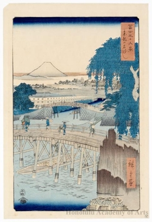 日本版画 "Ichikoku Bridge in the Eastern Capital" 由 Utagawa Hiroshige, 歌川広重 (Utagawa Hiroshige) 创作