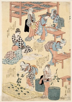 Utagawa Hiroshige: Women Performing Tasks in Silk Cloth Production (descriptive title) - Honolulu Museum of Art