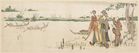Katsushika Hokusai: Women and Children Viewing Boatmen (descriptive title) - Honolulu Museum of Art