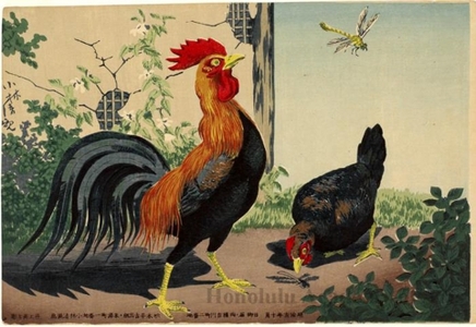 小林清親: Chickens and Dragonfly - ホノルル美術館