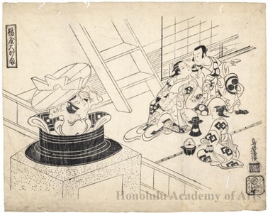 鳥居清倍: Ageya Ögama: Ichikawa Danjürö II, Nakamura Takesaburö, and Tomizawa Hanzaburö - ホノルル美術館