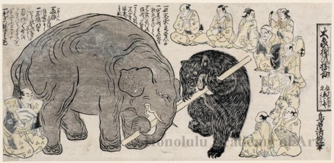 鳥居清倍: Daizö Bö no Nemojiai (the Great Elephant in a Tug-of-War with a Pole) - ホノルル美術館