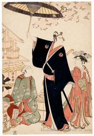 鳥居清長: The Actor Ichikawa Yaozö III as Sukeroku, the Actor Ichikawa Monnosuke II as a sake seller, and the Onnagata actor Nakamura Hikotarö as a Courtesan's attendant in the Play Soga Musume Chyöjiya - ホノルル美術館