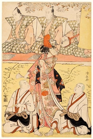 鳥居清長: Segawa Kikunojö III as Thread Seller’s Daughter, Koito, Sawamura Söjürö III as Seinenbö and Ichikawa Monnosuke II as Renjöbö - ホノルル美術館