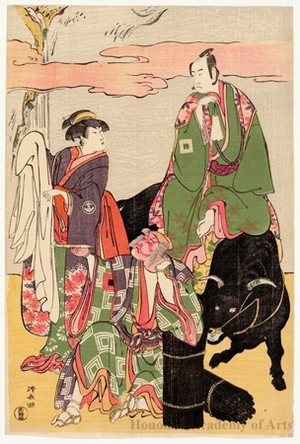 鳥居清長: Ichikawa Monnosuke II as Miyukinosuke, Segawa Kikunojö III as Princess Hatsune, and Ichikawa Danjürö V as Ninna-ji Saibei, in the play, Shitennö öeyama iri - ホノルル美術館