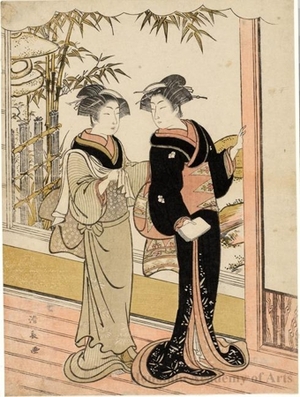 鳥居清長: A geishi and a maid talking on a veranda - ホノルル美術館