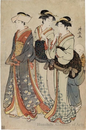 鳥居清長: A Young Lady, Her Two Maids, and A Kozö - ホノルル美術館