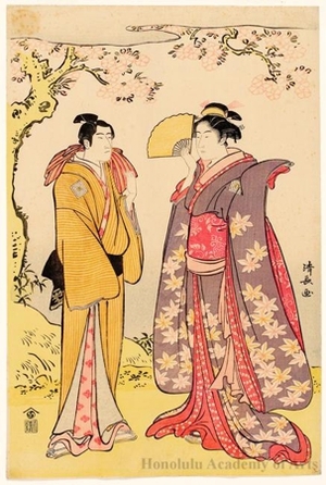 鳥居清長: Ichikawa Monnosuke II as O-some and Ichikawa Komazö III as Hisamatsu - ホノルル美術館