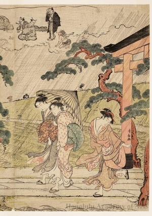 鳥居清長: A Sudden Squall at Mimeguri Shrine - ホノルル美術館