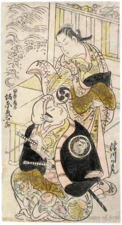 Torii Kiyonobu II: Bandö Hikosaburö I as Tawara-no-Töta Hidesato and Tsugawa Kamon as Sumitomo’s Wife Shiratama - Honolulu Museum of Art