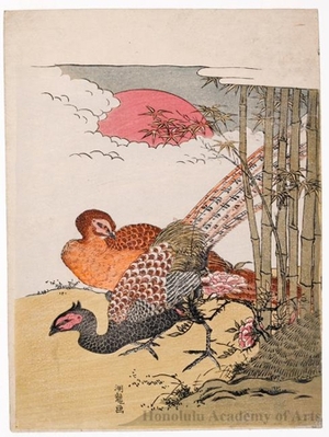 Isoda Koryusai: Two Pheasants, Bamboo & Red Sun - Honolulu Museum of Art