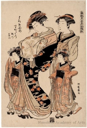 磯田湖龍齋: Courtesan of the Yotsumeya House with two Kamuro And Attendant - ホノルル美術館
