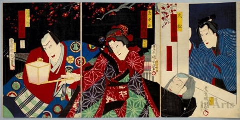 Toyohara Kunichika: Bandö Shiuka as Hisamatsu, Kichiroku as Kuronbö, Onoe Kikugorö as Osome, Nakamura Shikan as Puppeteer Komakichi - Honolulu Museum of Art