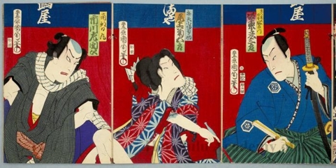 豊原国周: Bandö Hikosaburö as Nippon Daemon disguised as a Master, Onoe Kikugorö as Benten Kozö Kikunosuke, and Ichikawa Sadanji as Nangö Rikimaru - ホノルル美術館