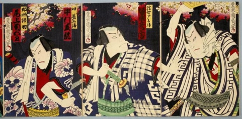 Toyohara Kunichika: Bandö Hikosaburö as Ukiyo Tohei, Nakamura Shikan as Maboroshi Chöbei, and Onoe Kikugorö as Nozarashi Gohei - Honolulu Museum of Art
