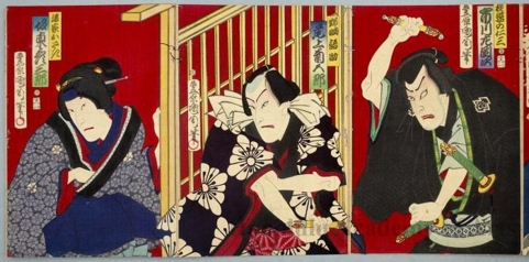 豊原国周: Ichikawa Sadanji as Daiba no Nisa, Onoe Kikugorö as Nozarashi Gosuke, Bandö Hikosaburö as Widow Osaki - ホノルル美術館
