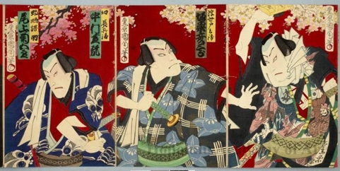 Toyohara Kunichika: Bandö Hikosaburö as Ukiyo Tohei, Nakamura Shikan as Maboroshi Chöbei, and Onoe Kikugorö as Nozarashi Gohei - Honolulu Museum of Art