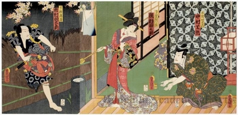 Utagawa Kunisada: Yodaime Nakamura Shikan no Fuwa Banzaemon, Sandaime Sawamura Tanosuke no Keisei Katsuragi, Jüsandaime Ichimura Uzaemon no Kabushi Kazö - Honolulu Museum of Art