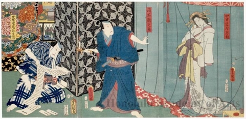 Utagawa Kunisada: Yodaime Onoe Kikugorö no Chümanji-ya Tamagiku, Godaime Bandö Hikosaburö no Inaki Shinnojö, Yodaime Ichikawa Danji no Chümanji-ya Yahei - Honolulu Museum of Art