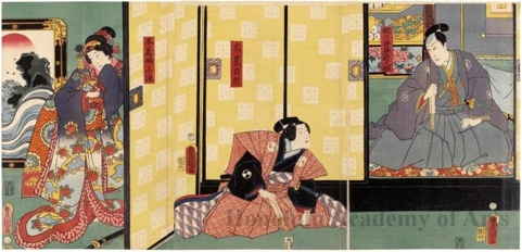 Utagawa Kunisada: Sodai Kawarazaki Gonjürö no Momo no Iwakasa no suke, Jüsandaime Ichimura Uzaemon no Honzö Musume no Konami, Sandaime Iwai Kumesaburö no Öboshi Rikiya - Honolulu Museum of Art