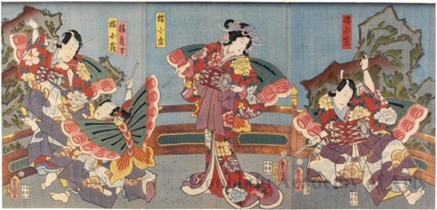 Utagawa Kunisada: Shodai Kawarazaki Gonjürö no Tachibana Kojima, Sanadaime Iwai Kumesaburö no Tachibana Koiwa, Jüsandaime Ichimura Uzaemon no Tachibana Kamekichi, Nidaime Sawamura Tosshö no Tachibana Kotsuru - Honolulu Museum of Art