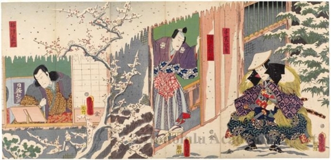 Utagawa Kunisada: Shodai Kawarazaki Gonjürö no Teshima kanja, Jüsandaime Ichimura Uzaemon no Ssaki no Katsuranosuke, Yodaime Nakamura Shikan no Umezu Kamon - Honolulu Museum of Art