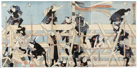 Estampe japonaise "Celebrating the Framing of the New Ichimura Theater" par Utagawa Kunisada, 歌川国貞 (Utagawa Kunisada I (Toyokuni III))