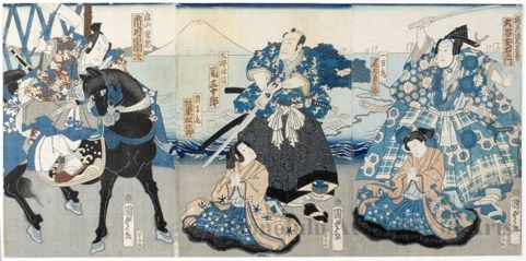 Utagawa Kunisada: Godaime Otani Tomoemon no Kajiwara Genta Kagesue, Godaime Onoe Kikusaburö no Ichimanmaru, Sandaime Sekisanjürö no Tarösukenobu, Shodai Bandö Matsujirö no Hakoömaru., Yondaime Ichikawa Kodanji no Hatakeyama Shigetada - Honolulu Museum of Art