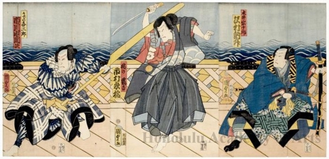 Utagawa Kunisada II: Nidaime Sawamura Tosshö no Kii Söjürö, Yodaime Ichimura Kakitsu no Tachibana no Tsurukichi, Yodaime Ichikawa Kodanji no Udeno Kisaburö - Honolulu Museum of Art
