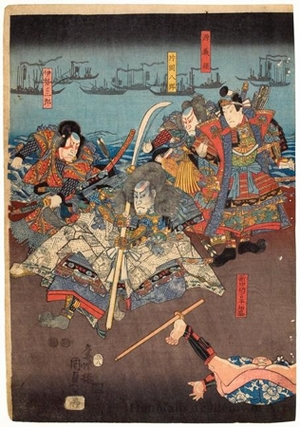 Utagawa Kunisada II: Taira no Tomonori, Minamoto no Yoshitsune, Ise no Saburö an Shin-chünago Tomonori - Honolulu Museum of Art