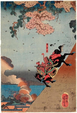 Utagawa Kuniyoshi: Yoshitsune’s Troop Attacking Group of the Heike from the Top of Ichinotani Hill - Honolulu Museum of Art