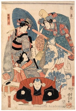 歌川国芳: Kabuki Actors as Fisherman, Lady Murasaki, Student Geisha and Lady at Festival - ホノルル美術館