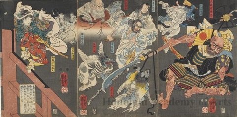 Utagawa Kuniyoshi, 歌川国芳 (Utagawa Kuniyoshi)による浮世絵「Ushiwaka (Yoshitsune) and Goblins (Tengu) Attack Benkei on Gojö Bridge」