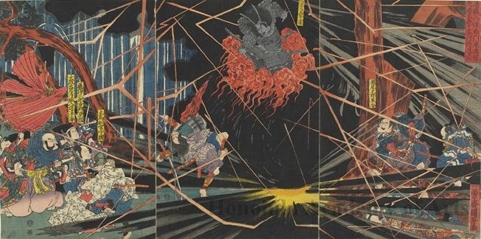 Utagawa Kuniyoshi: Taira no Kiyomori Encountering the Ghost of Yoshihira at Nunobiki Falls - Honolulu Museum of Art