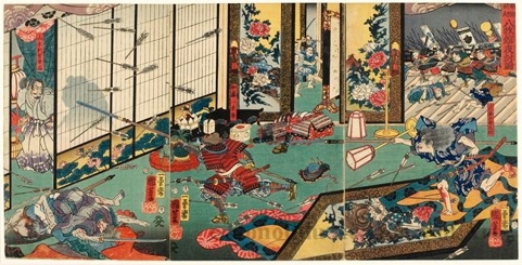 Utagawa Kuniyoshi: Night Attack at Yamaki Mansion by Yoritomo’s Warriors - Honolulu Museum of Art
