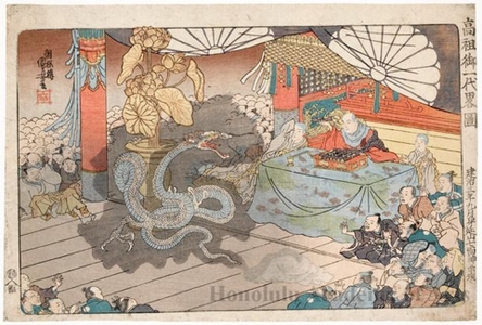 Utagawa Kuniyoshi: In the Ninth Month of the Third Year of the Kenji Reign [1277], at Minobuzan, the Apparition of the Seven-faced Spirit - Honolulu Museum of Art