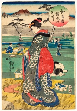 歌川国芳: Woman Pounding Cloth with a Kinuta by Tamagawa, Settsu - ホノルル美術館